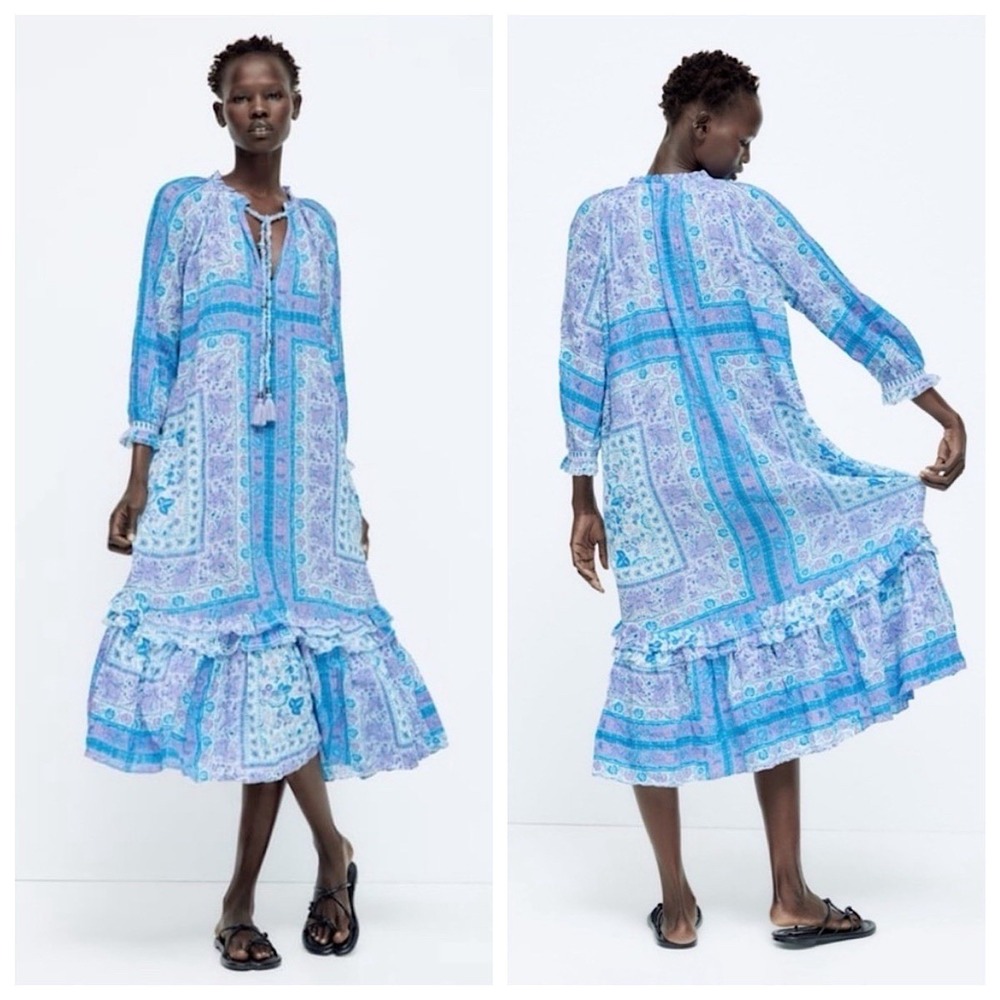 Sunday Up Serina Tassels‎ Ruffled Midi Dress Sz L Blue Handkerchief Print Boho